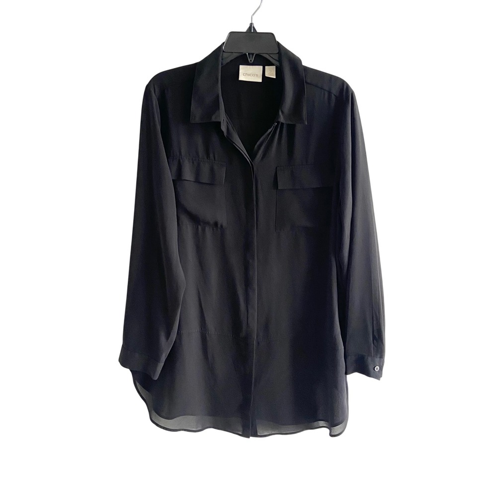 Chico's Black Button Down Shirt Long Sleeve Pocket Blouse Size 2 Large - Picture 1 of 9